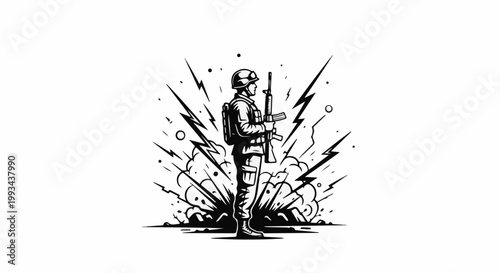 Silhouette of a soldier standing stoically amidst explosions and jagged lines