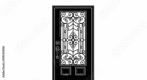 Ornate wrought iron door with decorative scrollwork and two lower panels