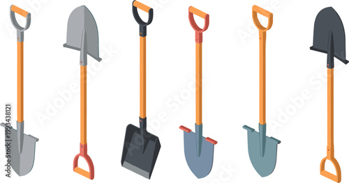 Shovel Icon Set Featuring Different Types of Spades and Digging Tools for Construction, Gardening, and Farming in Flat Vector Illustration Style