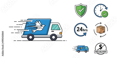 Fast delivery service icons truck security time and package symbols