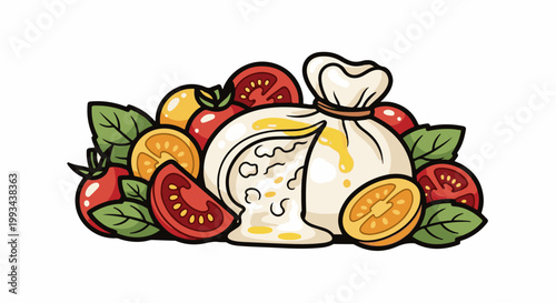 Creamy cheese ball with fresh tomatoes and basil leaves