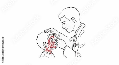 Doctor examines a child's face covered in red spots with a magnifying glass