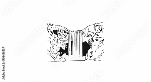 Sketch of a large waterfall cascading between rocky cliffs into a pool below