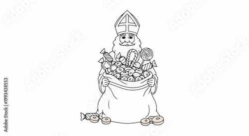 Saint Nicholas, holding a sack overflowing with candies and cookies