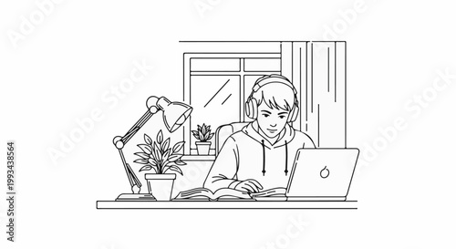 Person wearing headphones studies with a laptop, lamp, and plants