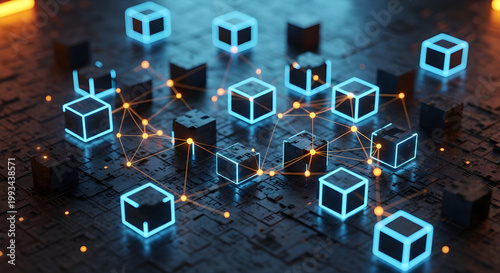 Abstract digital network of interconnected glowing data blocks representing blockchain technology and decentralized information systems