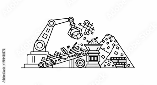Robotic arm moves rubble to a crushing machine, conveyor belt processes debris
