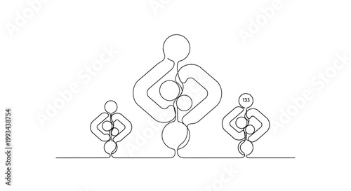 Abstract Family Connection Concept: Parent and Children Figures in Continuous Line Art Style