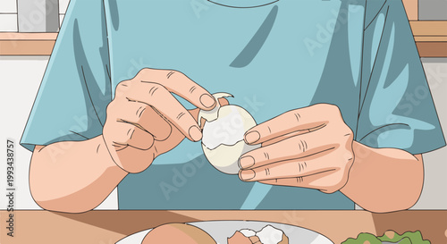 Person's hands peeling a hard-boiled egg at a table, with part of a plate visible