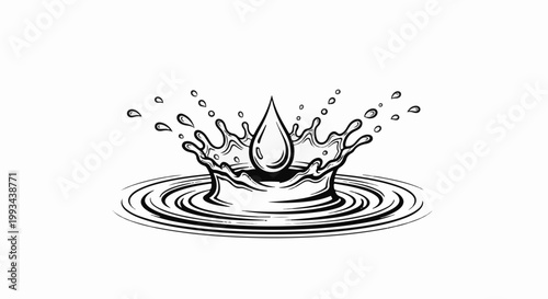 Black and white illustration of a water drop creating ripples and splashes