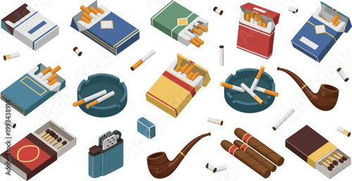 Smoking Accessories Icon Set Featuring Cigarettes, Cigars, Pipes, Ashtrays, Lighters, and Tobacco Products in Detailed Flat Vector Illustration Style