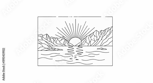 Line art of a sun rising over mountains reflected in water