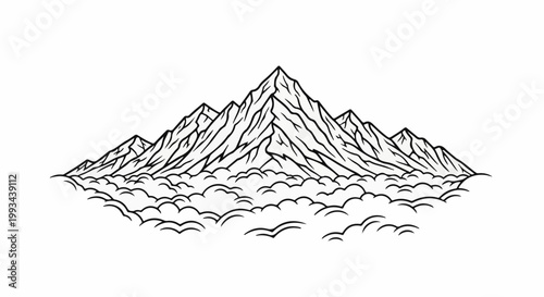 Jagged peaks rise above a sea of clouds in a graphic black and white illustration
