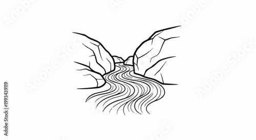 Line drawing of a flowing river between two rocky cliffs