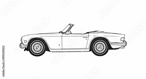 Classic black and white line drawing of a vintage convertible automobile