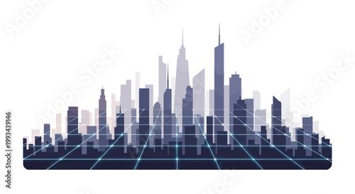 Futuristic City Skyline with Digital Grid and Skyscrapers