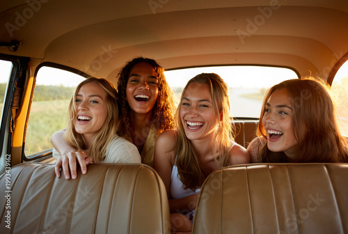 Four young women laughing together inside a vintage car at golden hour, candid road trip moment. Generative AI