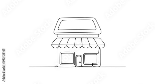 Simple Storefront Icon: Continuous Line Drawing of a Shop Building with Awning and Windows