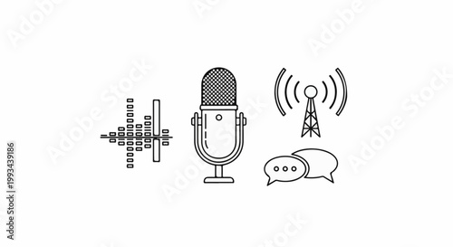 Icons representing audio, broadcast signal, and conversation