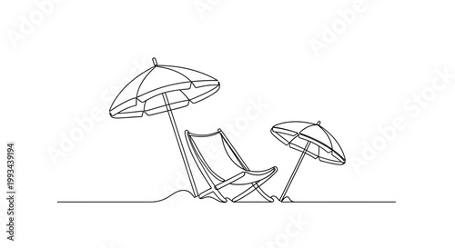 Minimalist beach chair and umbrellas line art, vacation and relaxation concept