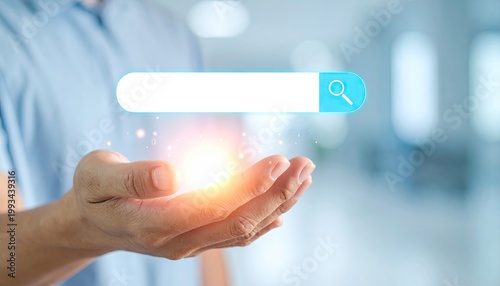 Businessman Holding Digital Search Bar With Light Effect.