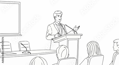 Man speaking at podium in front of audience with a screen