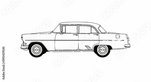 Detailed line art illustration of a classic four-door sedan from the mid-20th century