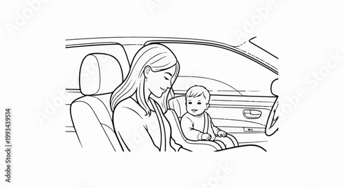 Mother and baby in car seat, black and white line drawing for coloring