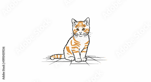 Orange tabby kitten sitting on tiled floor, looking forward