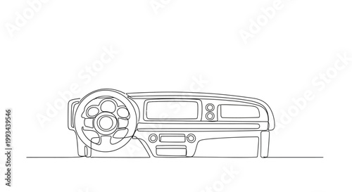 Minimalist Car Dashboard Line Art: Steering Wheel, Console, and Gauges