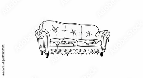 Dilapidated antique sofa with torn cushions and frayed upholstery