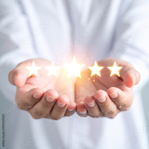 Hands Holding Glowing Three Star Rating Concept.