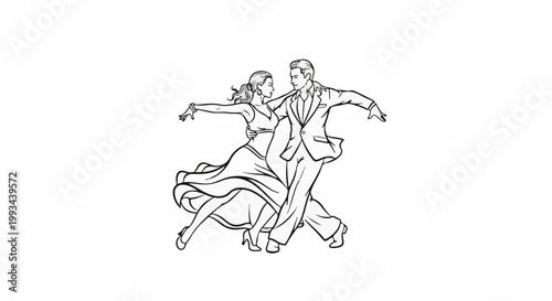 Elegant couple in formal attire performs a graceful dance move together