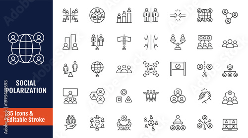 Social polarization icon set. Outline icon with Editable stroke. Vector illustration
