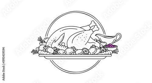 Festive roasted fowl centerpiece with vegetables, gravy boat, and berries in circle