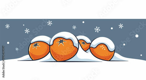 Oranges covered in snow with falling snowflakes