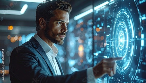 Businessman Interacting With Futuristic Digital Interface.