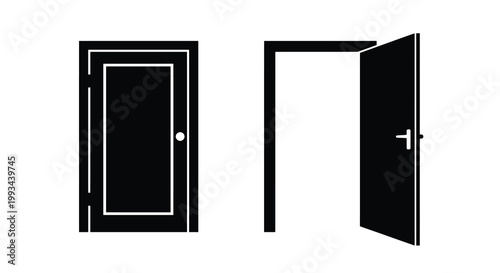 Two black doors one closed and one open in stark silhouette