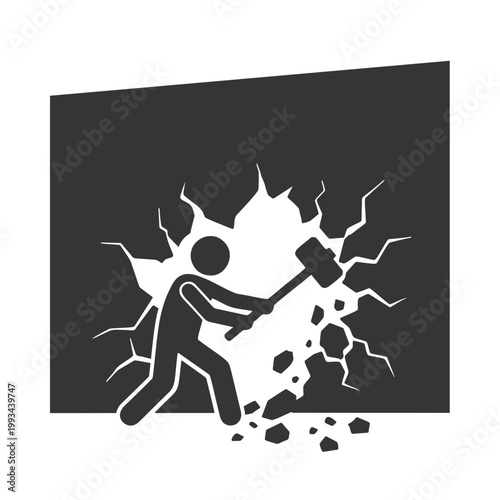 壁を打ち破る人物のシルエットアイコン