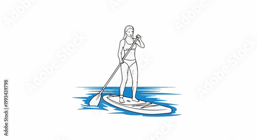 Line art of a woman paddleboarding in blue water