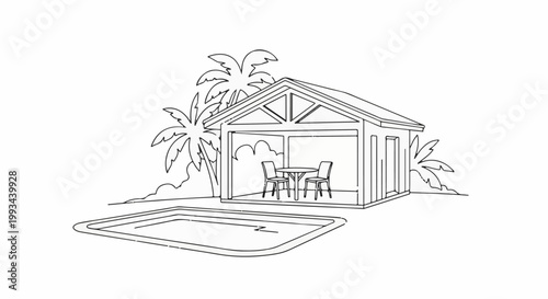 Open air structure with pool, table, chairs and palm trees