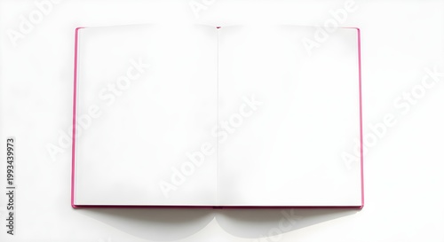 Open pink hardbound notebook with blank white pages on white background for sketching and writing