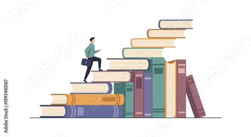 Stack of colorful books with a person climbing up for learning and education