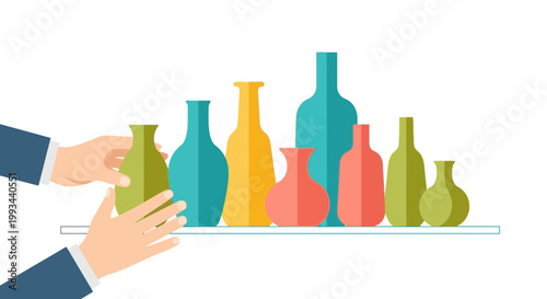 Hands Arranging Colorful Glass Bottles on Shelf