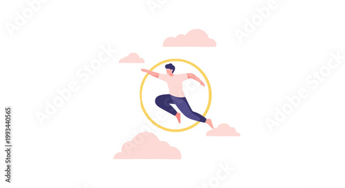Stylish Man Jumping Through Hoop in Sky with Clouds Illustration