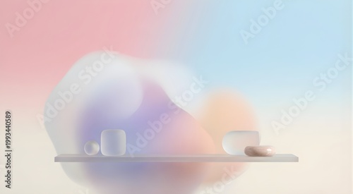 Minimalist display shelf with abstract soft forms and pastel backdrop interior design ambient light minimalist abstract backdrop geometric composition background gradient