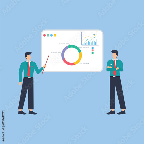 Business data presentation vector, professional analysts discussing financial dashboard, corporate meeting with infographic charts and statistics