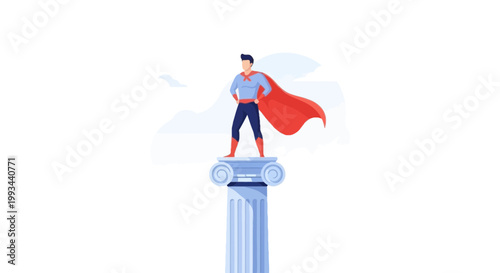 Superhero Standing on Column with Red Cape and Sky Background