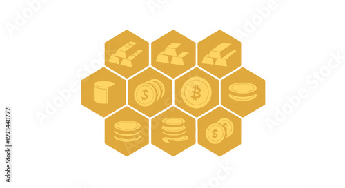 Digital Cryptocurrency and Blockchain Icons Set on Hexagonal Background