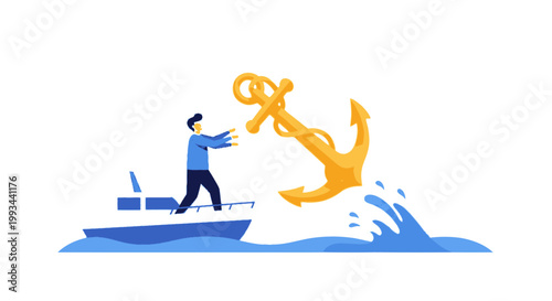 Person on Boat Dragging Large Anchor in Water